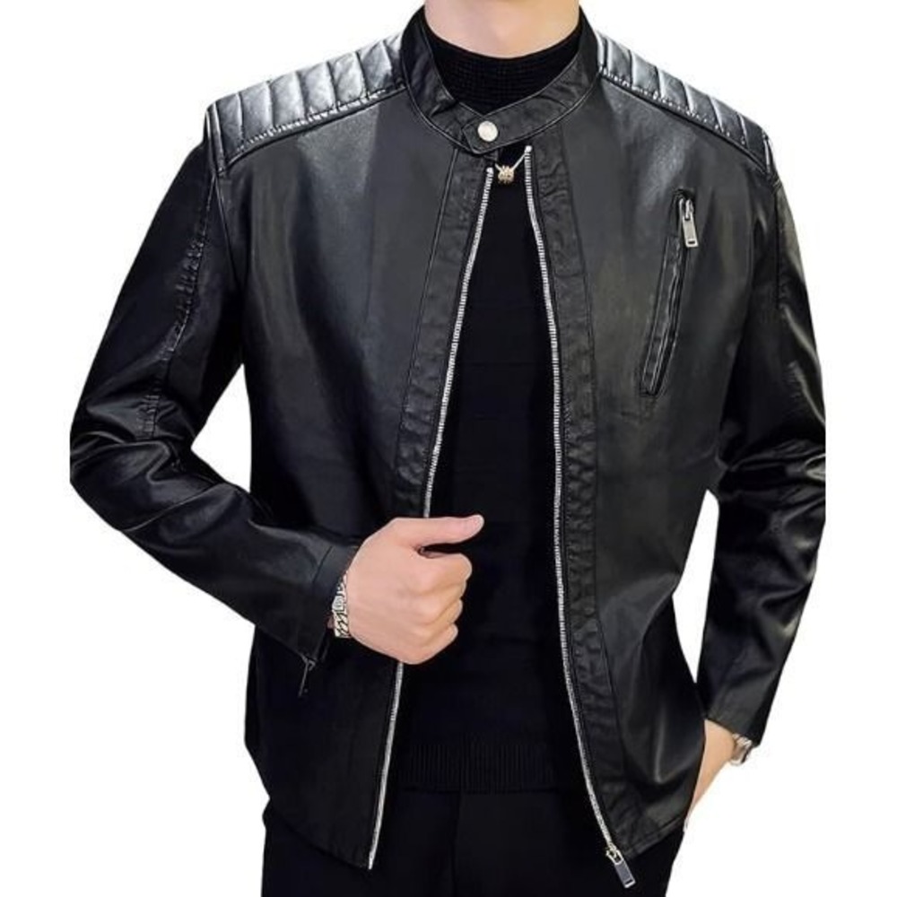 Firstway Mens Black Faux Leather Biker Jacket Cafe Racer Quilted Shoulder NEW